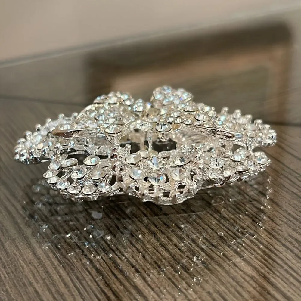 Vintage Style Rhinestone Brooch Flower Shape with a Butterfly in the Middle